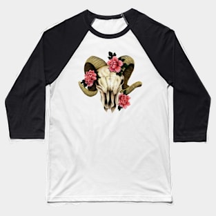 Ram Skull Peonies Baseball T-Shirt